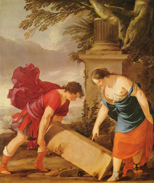 As instructed by Aegeus, on the boy’s coming of age, Aethra took him to the rock, presented her son with the sandals and sword of Aegeus, and sent Theseus on his way to Athens.